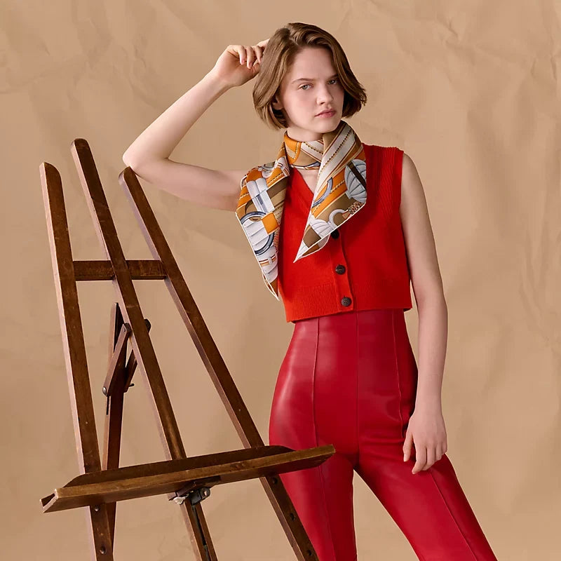 HM 26ss Amazon  Scarf 90 Brown Orange Colorful Twill Silk 130284