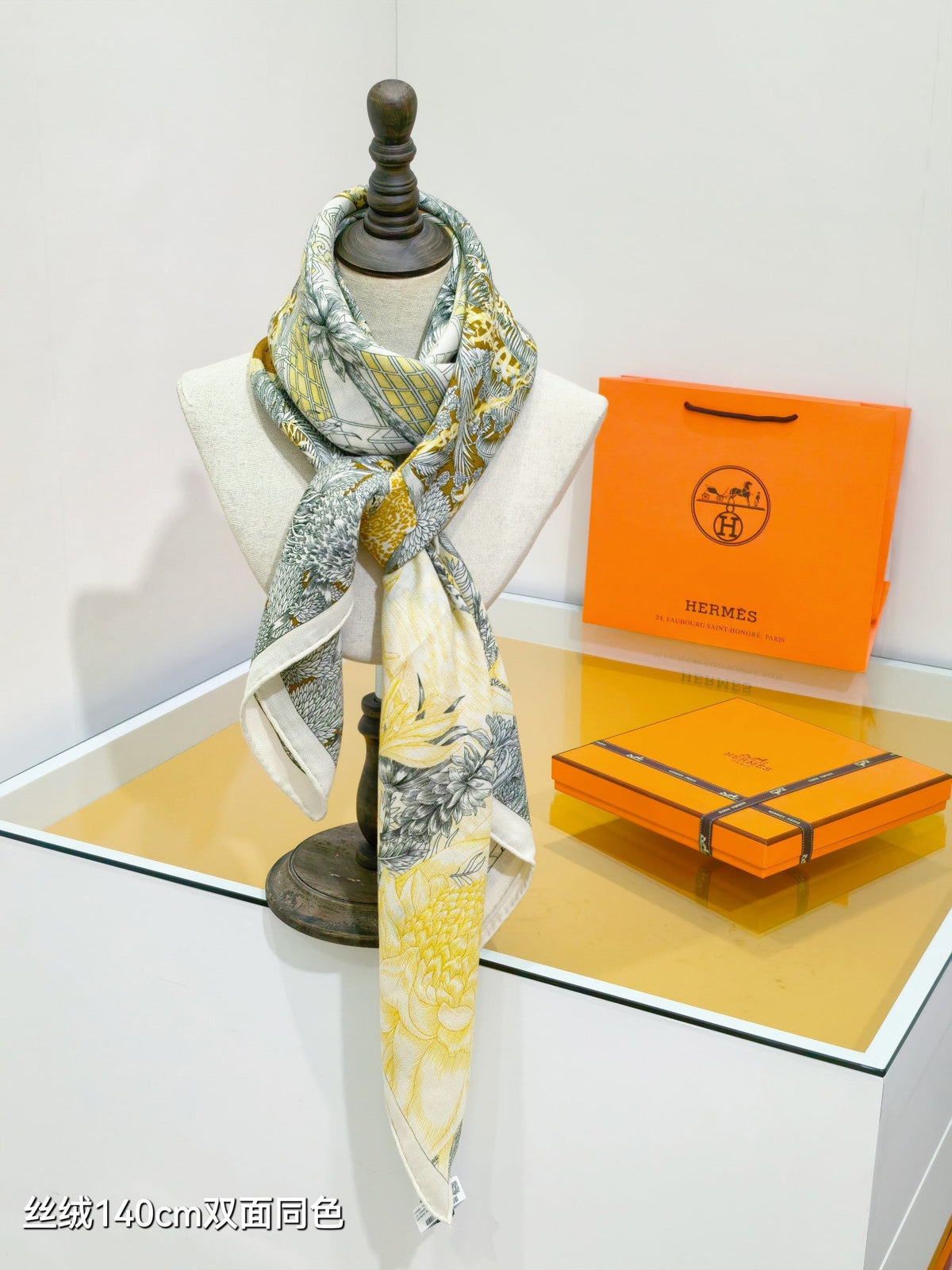 HM 26s 90 Double Sided Scarf Black White Yellow Colorful Mulberry Silk 141475