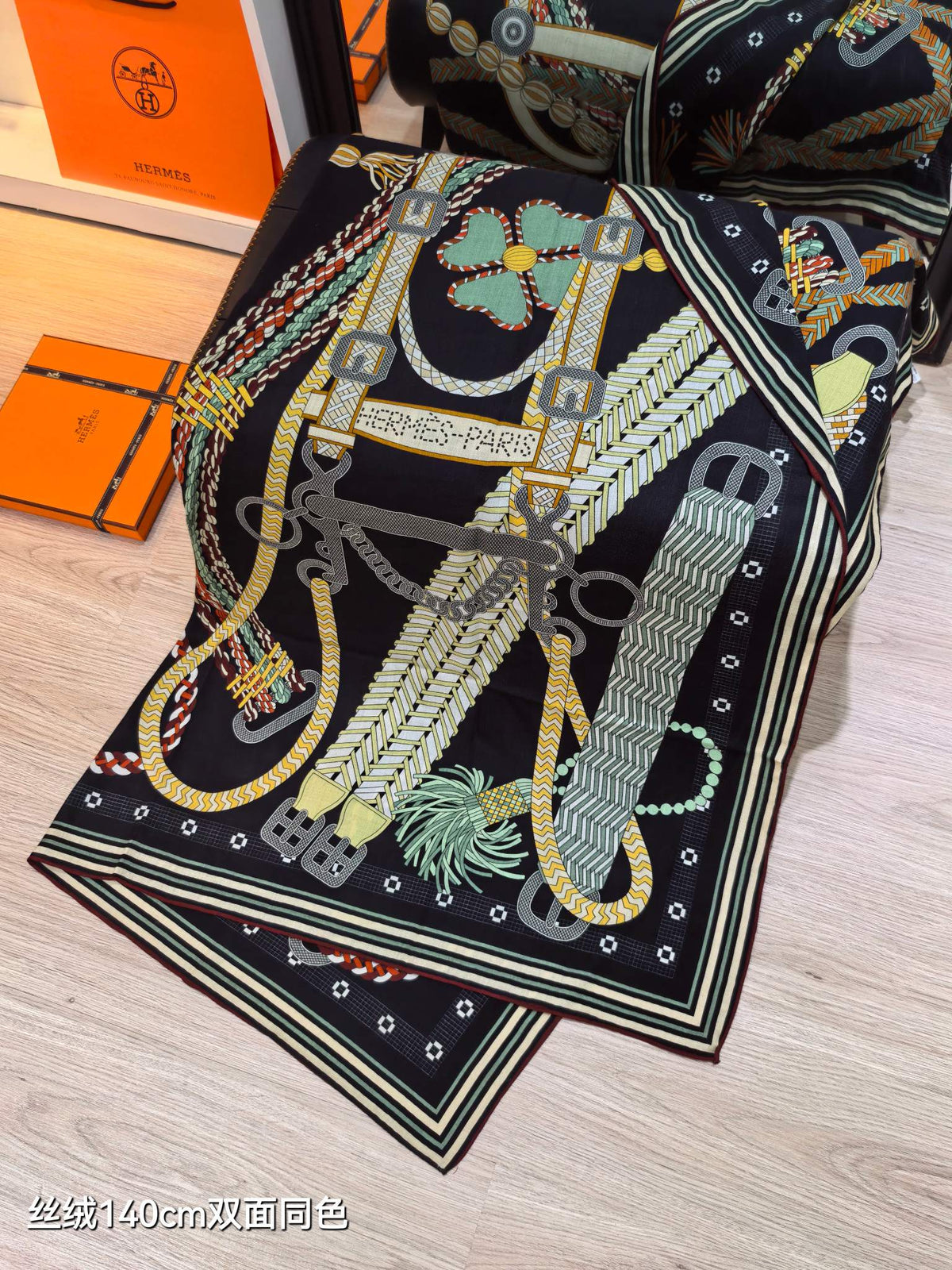 HM 26ss Double Sided Scarf 140 Black Beige Colorful Cashmere Silk 132451