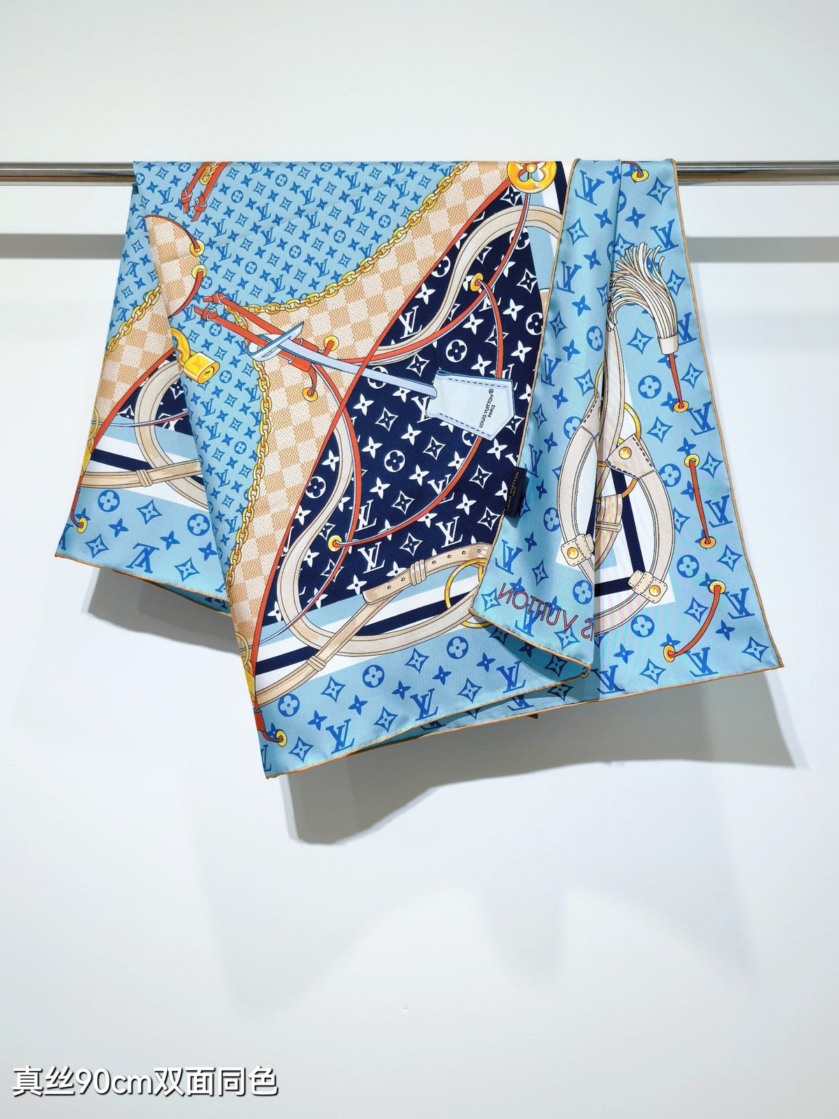 LV Double Sided Scarf 90 Blue Monogram Cashmere Silk 168756
