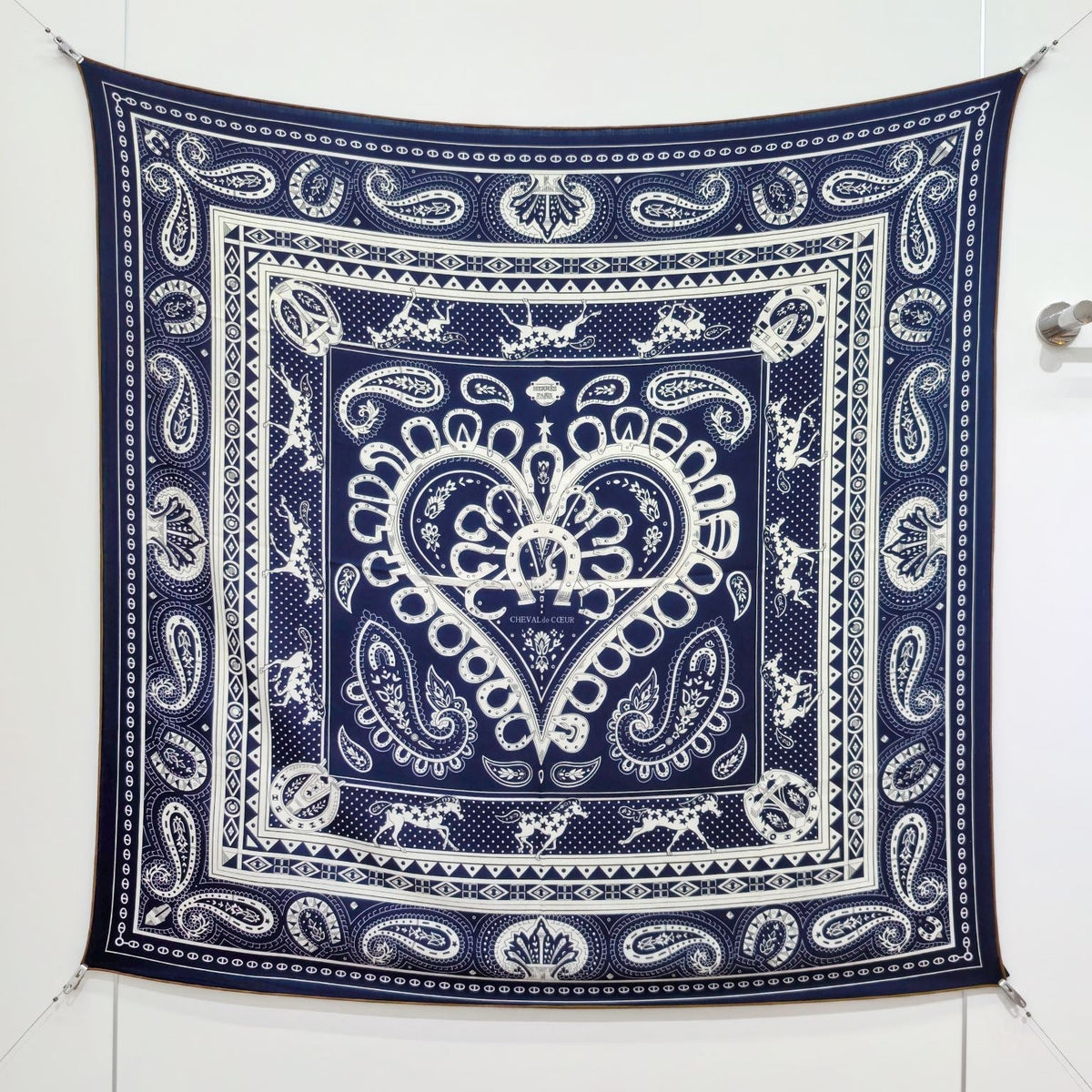 HM 26s Heart Horse Scarf 140 Navy Blue Cashmere Silk 139236