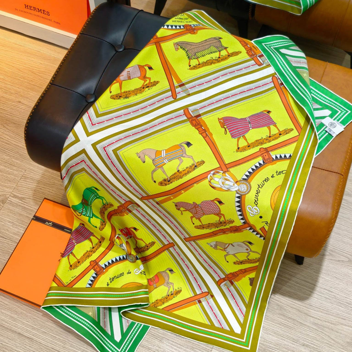 HM 26s Horse Scarf 140 Yellow Green Cashmere Silk 139222