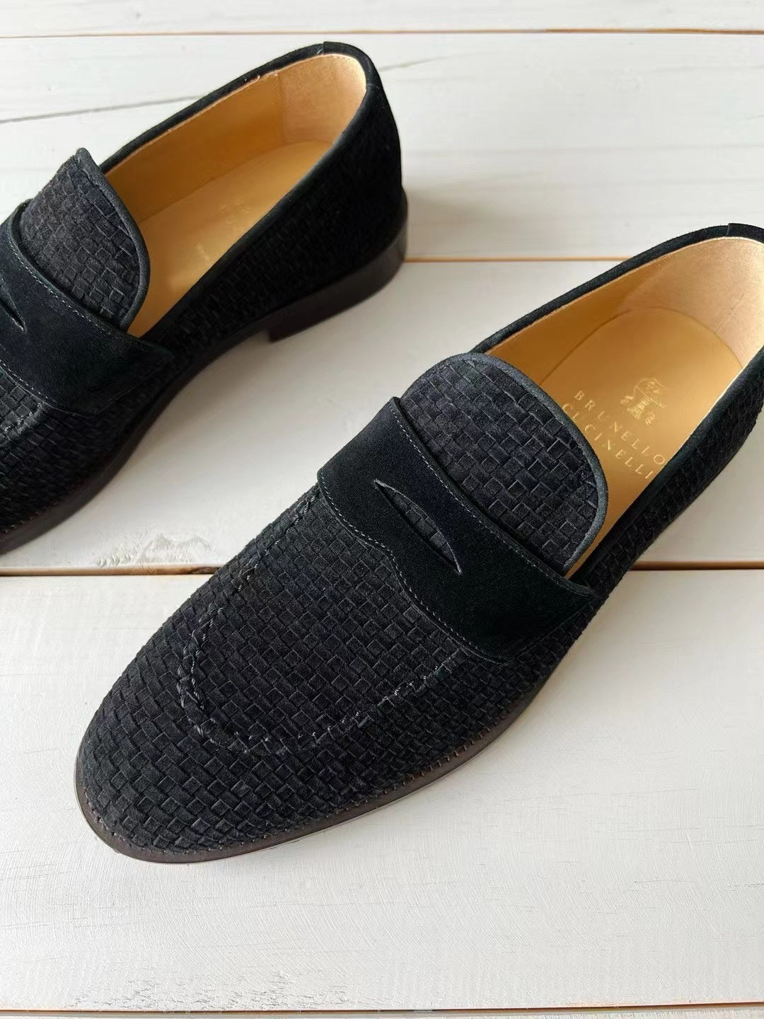 brunello woven black suede penny loafer