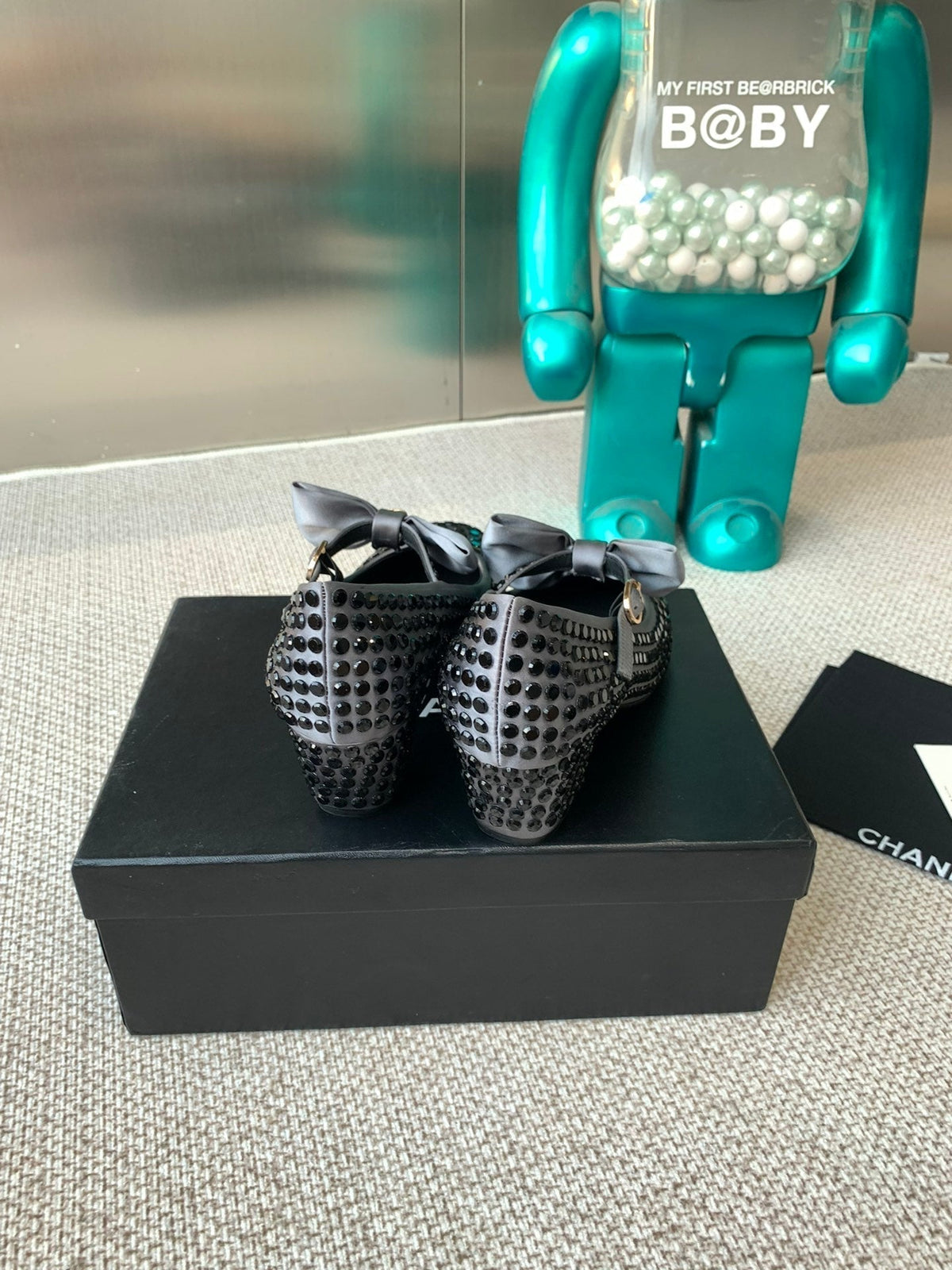 CC MARY JANES SHOES IN STEEL GRAY SATIN WITH BLACK RHINESTONES