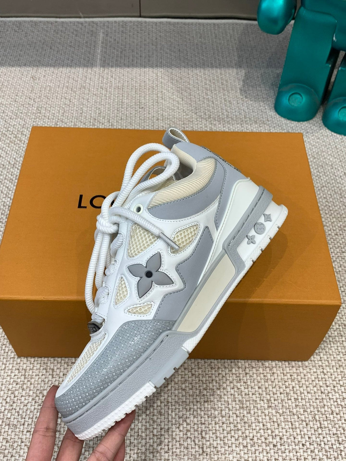 LV Skate Sneaker Gray Mix White Beige Cowhide