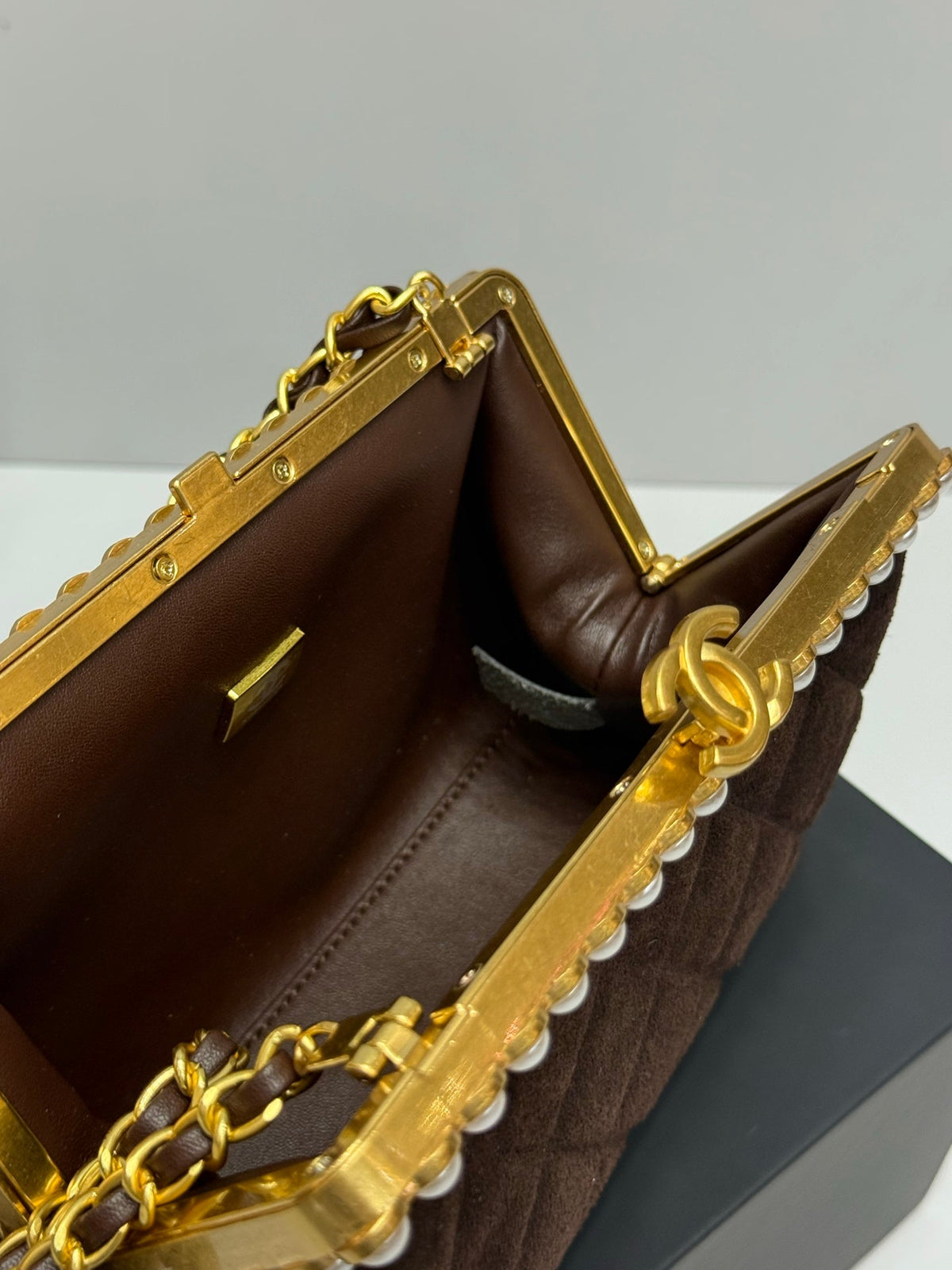 Chanel 2026 Pearl Clutch Brown Gold Velvet Leather