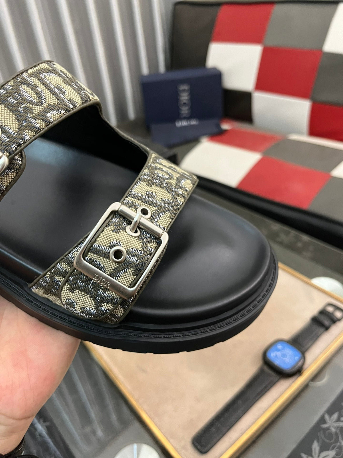 CD AQUA BUCKLE SANDAL BLACK AND SAGE JACQUARD