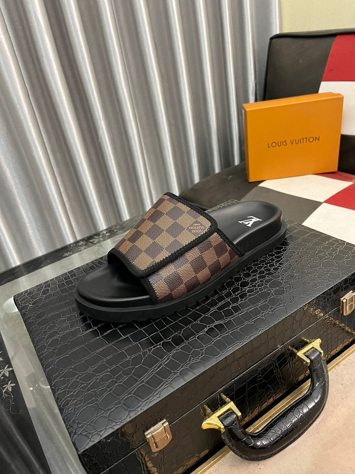 MIAMI MULE IN CINNAMON BROWN DAMIER JACQUARD
