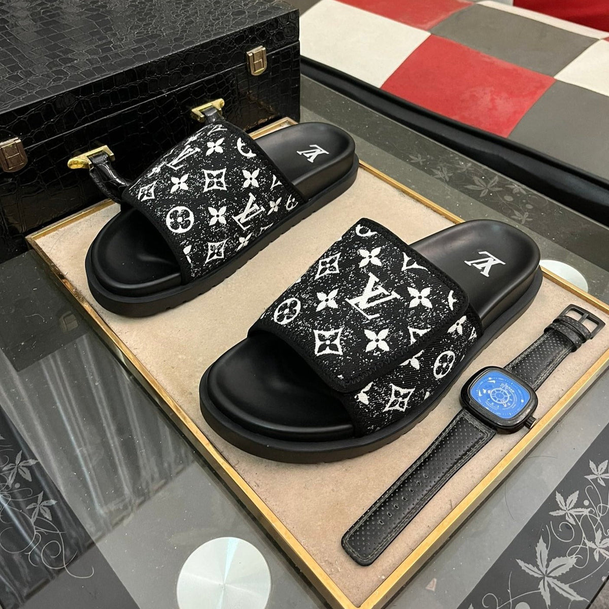 MIAMI MULE IN BLACK MIX WHITE MONOGRAM JACQUARD