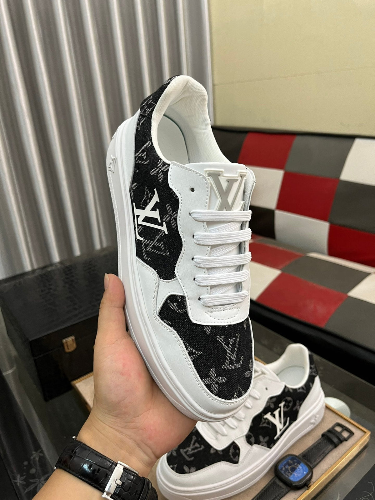 LV CLASSIC TRAINERS BLACK DENIM MIX WHITE CALFSKIN