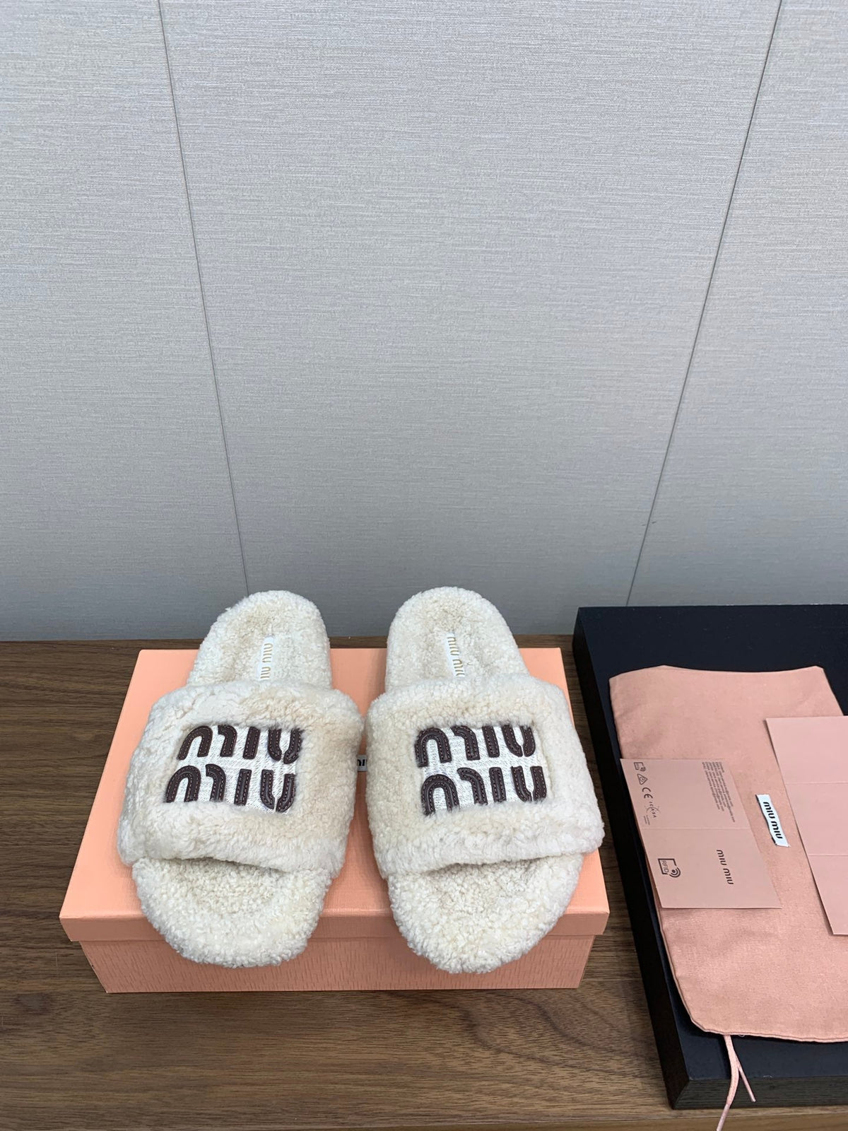Miu Slippers Retro White With Brown Lettering Pure Wool