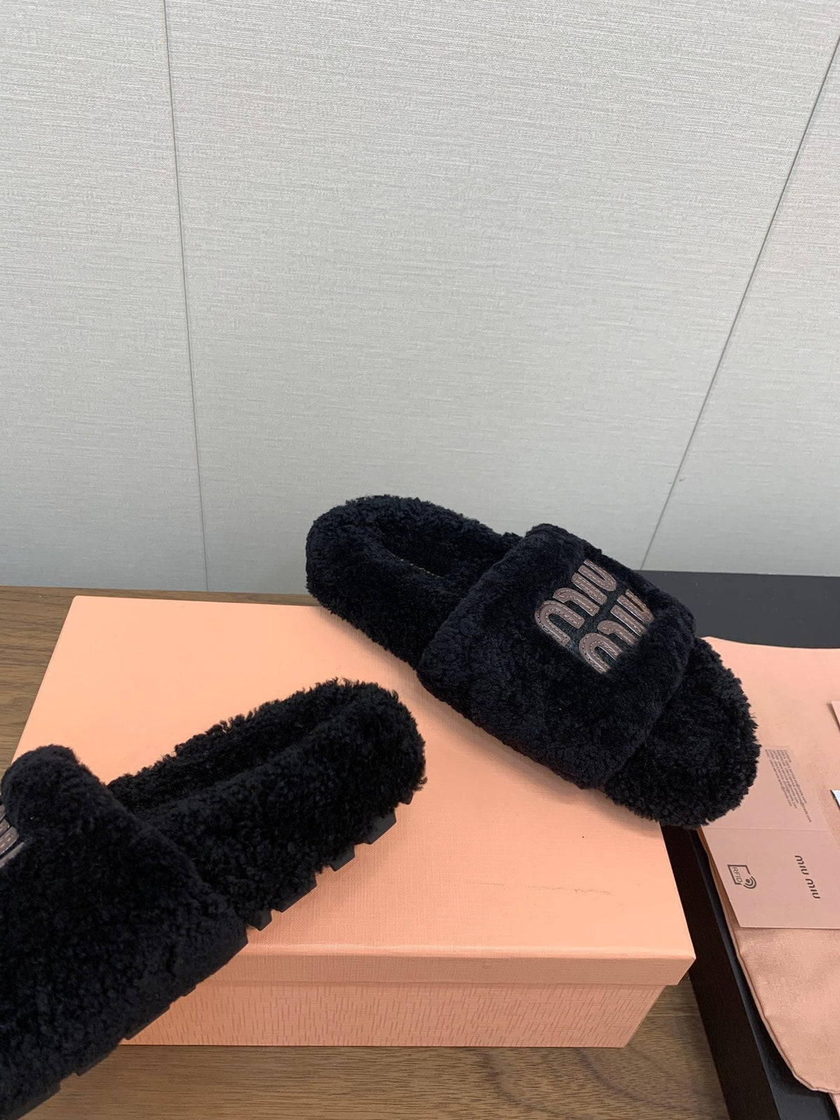 Miu Slippers Black With Brown Text Pure Wool