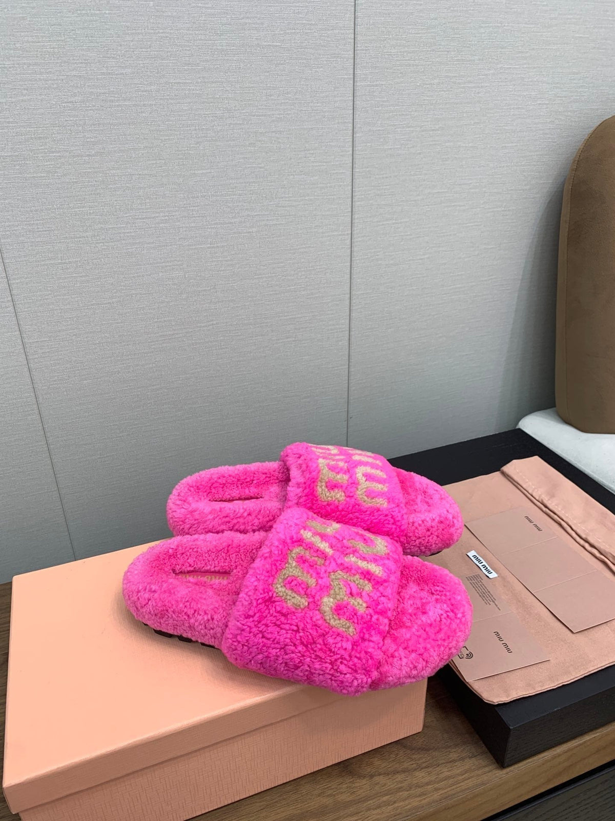 Miu slippers Pink With Light Brown Lettering Pure Wool