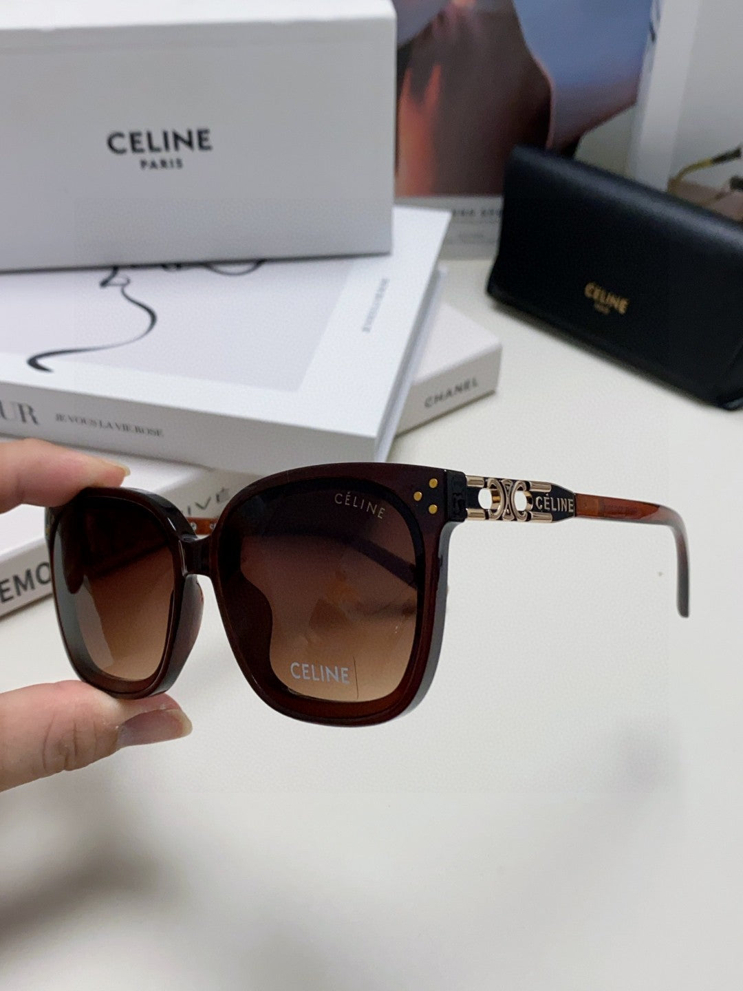 TRIOMPHE SUNGLASSES 573248 IN BROWN ACETATE METAL LOGO