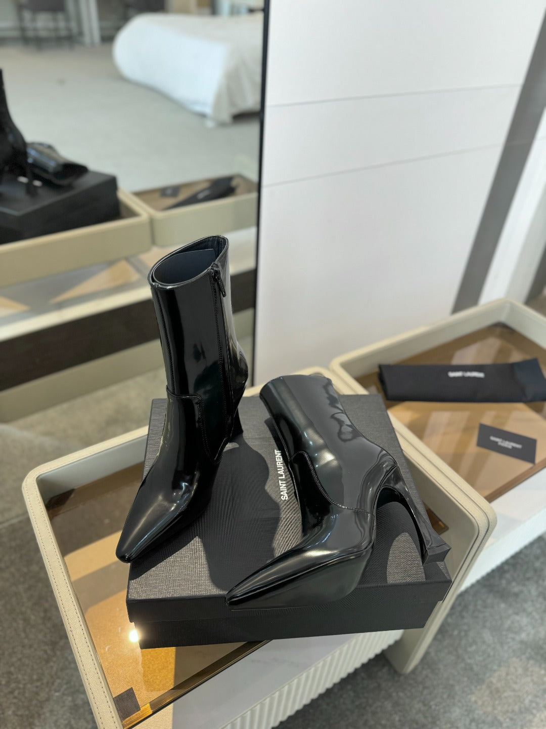HIGH HEEL POINTED-TOE ANKLE BOOTS IN BLACK SHINY CALFSKIN