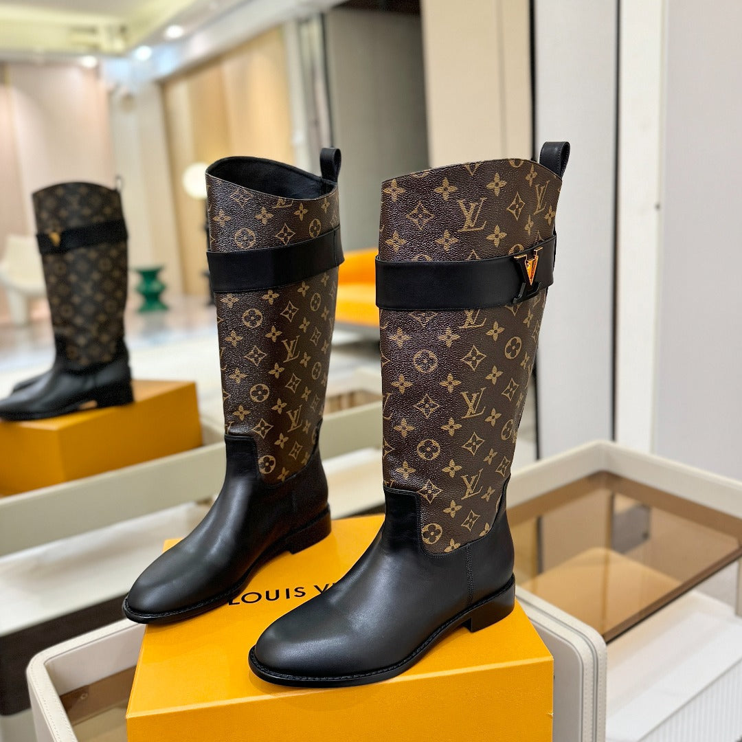 LV 25 Metal Buckle Riding Boots Monogram Brown Cowhide 573889