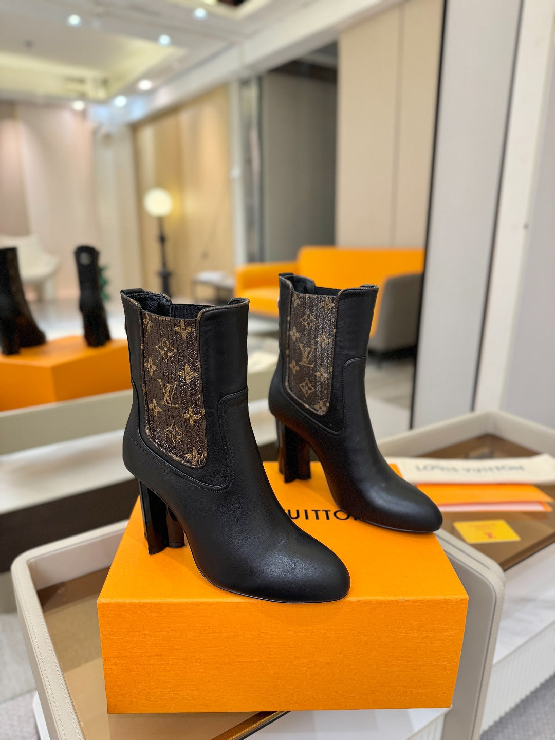 LV 25 Runway Ankle Boots 95 Black Monogram Brown Calfskin 573861