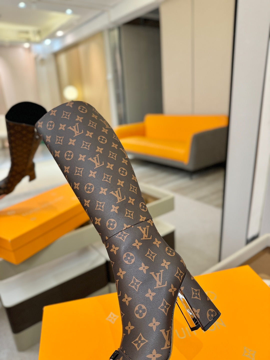 LV  High Boots 85 Monogram Brown Sheepskin 573736