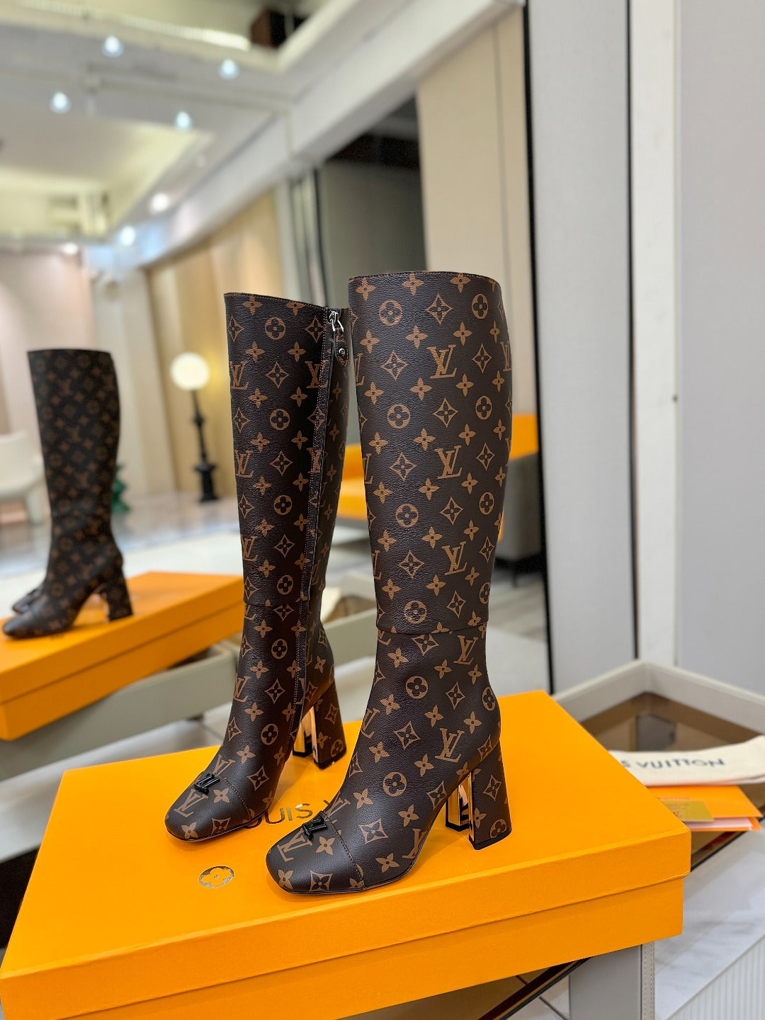 LV  High Boots 85 Monogram Brown Sheepskin 573736