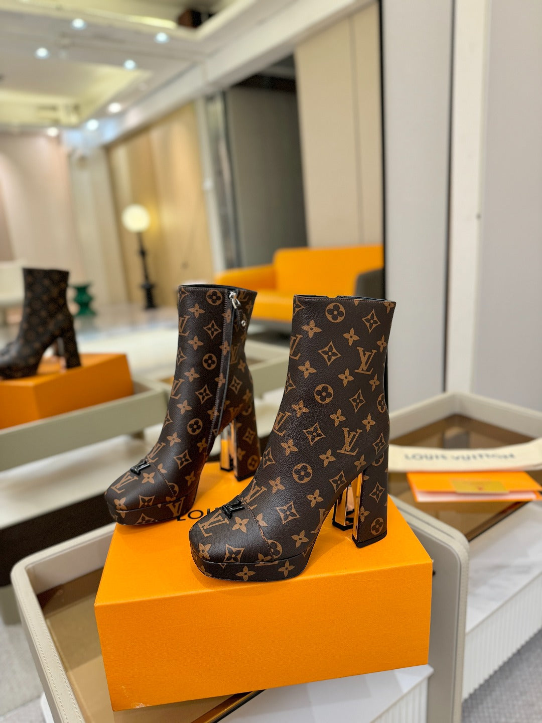 LV Ankle Boots 110 Monogram Brown Sheepskin 573720