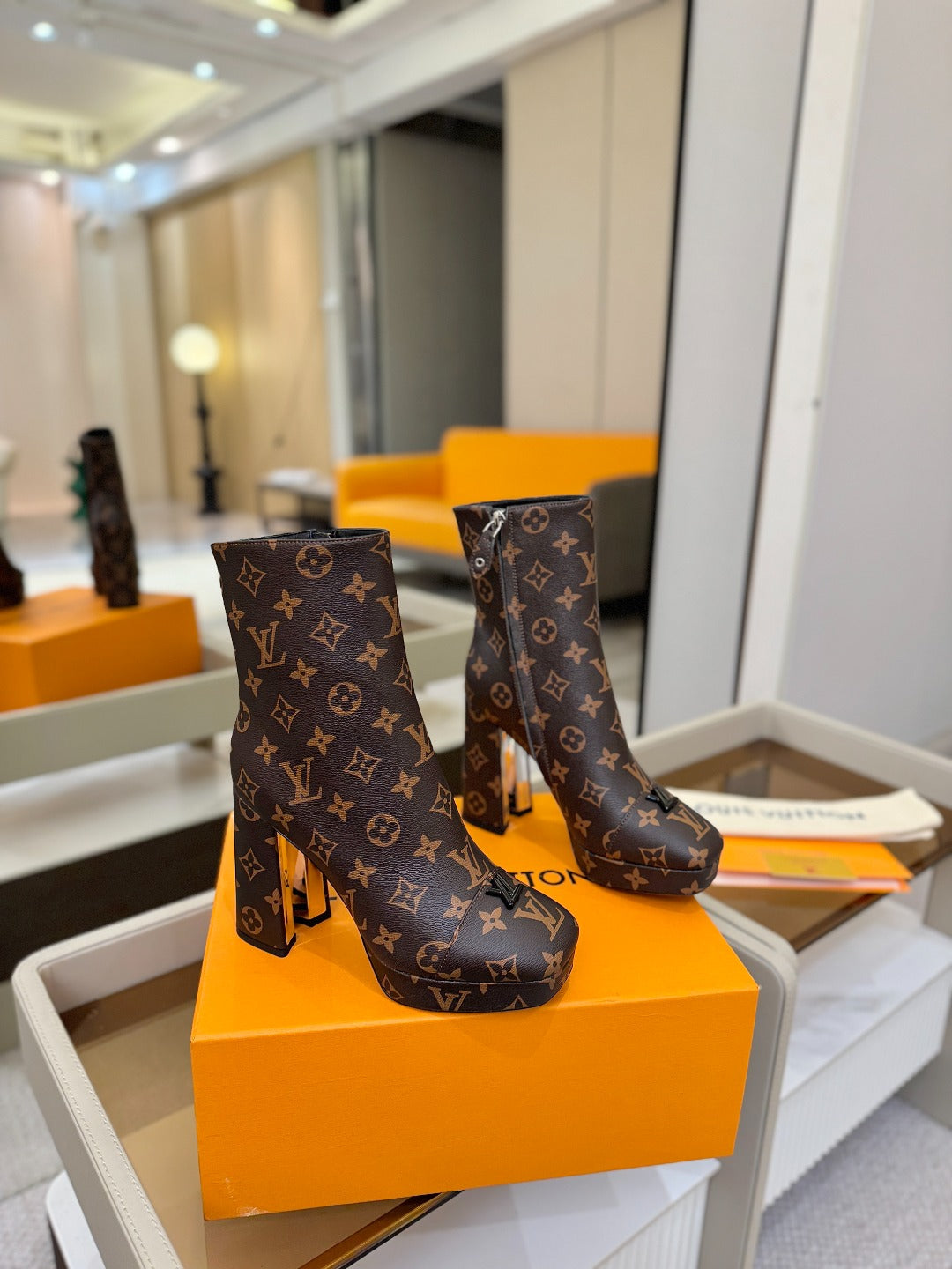 LV Ankle Boots 110 Monogram Brown Sheepskin 573720
