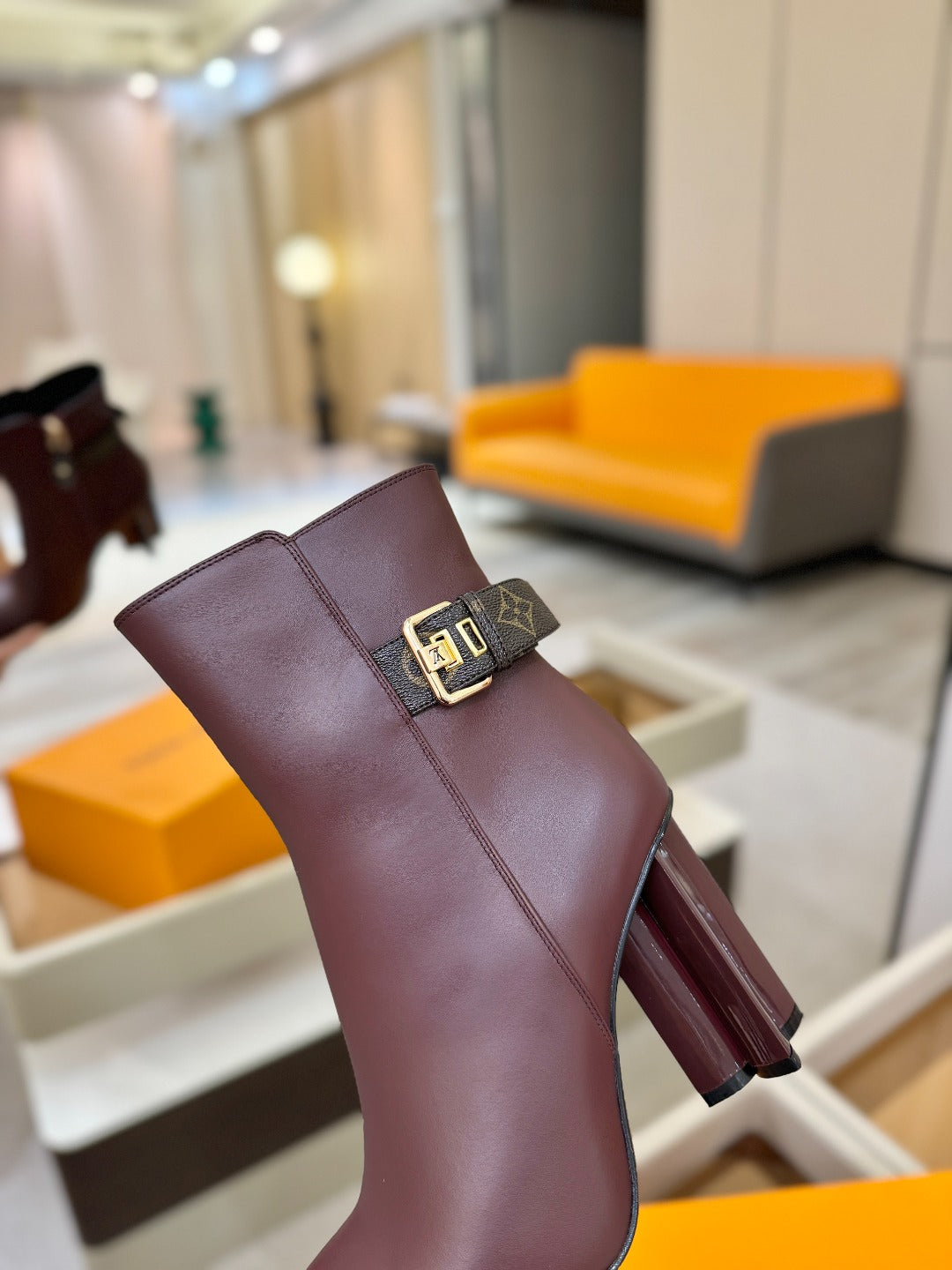 LV 25 Runway Ankle Boots 100 Dark Burgundy Calfskin Mix Belt  573868