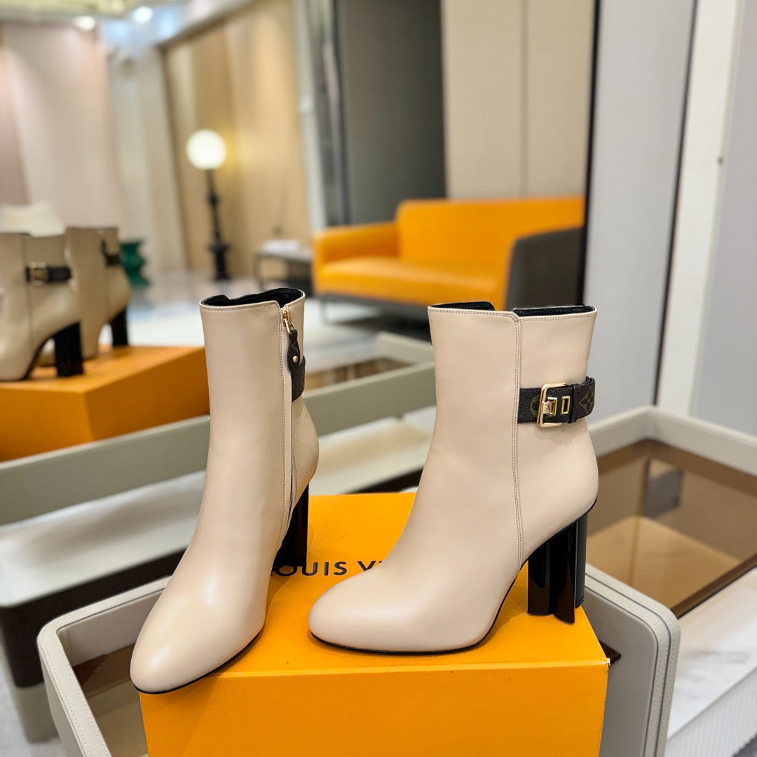 LV 25 Runway Ankle Boots 100 Beige Calfskin Mix Belt 573871