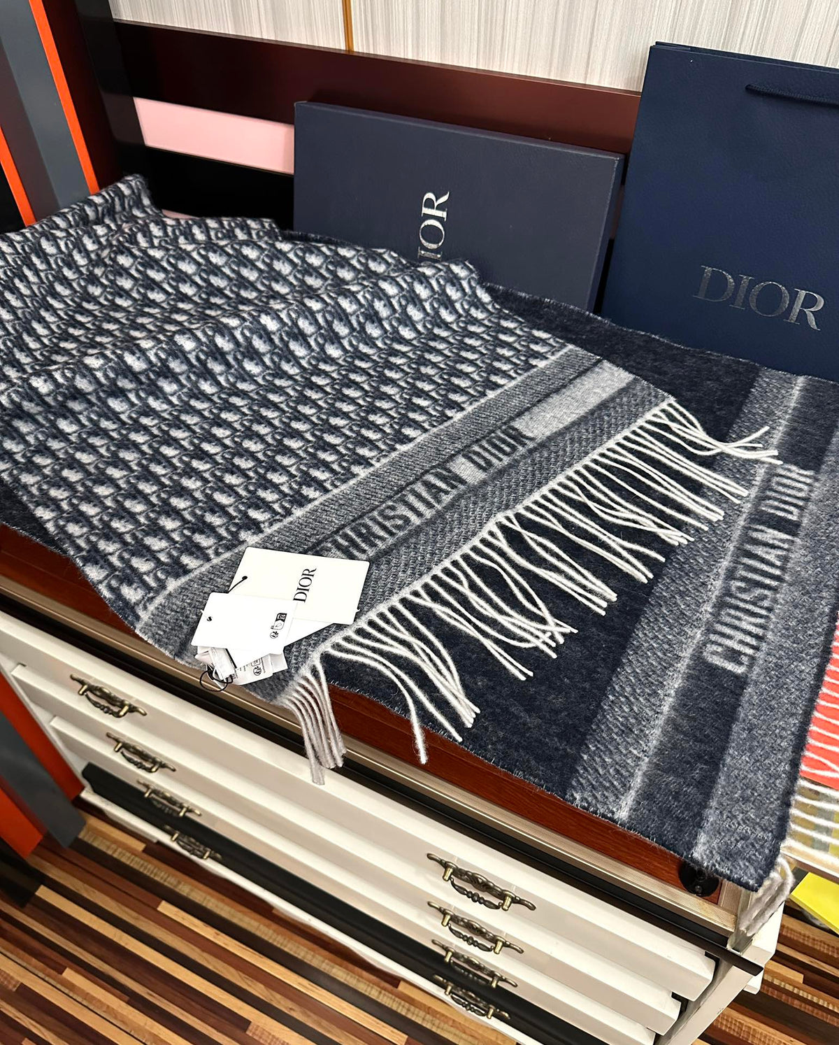 CD Oblique Print Scarf 200CM Dark Blue White Wool 292980