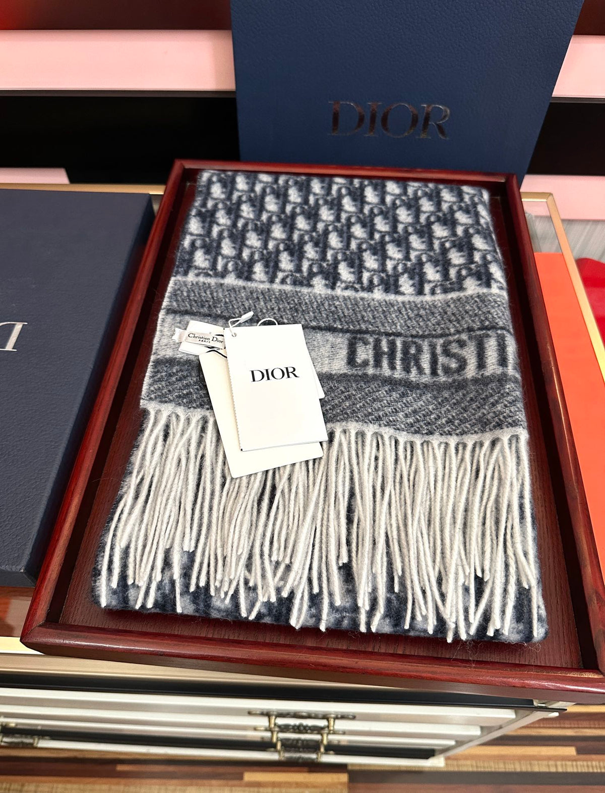 CD Oblique Print Scarf 200CM Dark Blue White Wool 292980