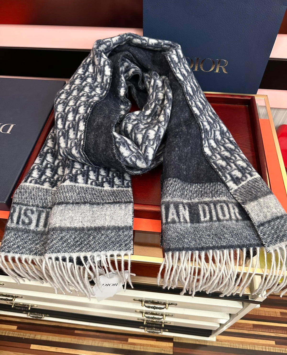 CD Oblique Print Scarf 200CM Dark Blue White Wool 292980