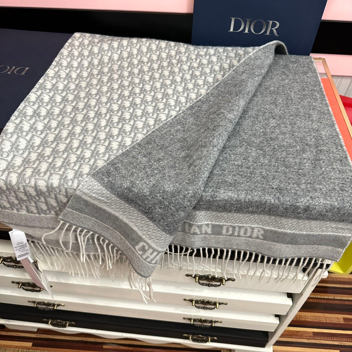 CD Oblique Print Scarf 200CM Gray White Wool 292981