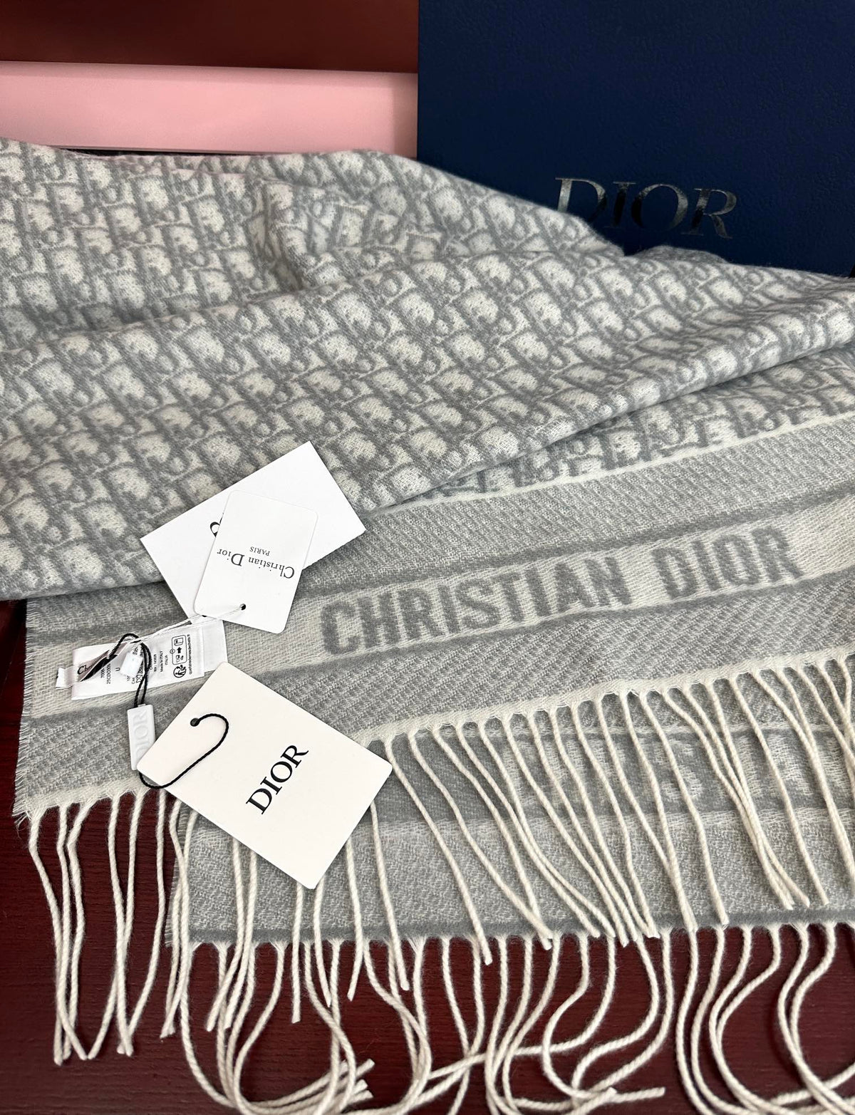 CD Oblique Print Scarf 200CM Gray White Wool 292981