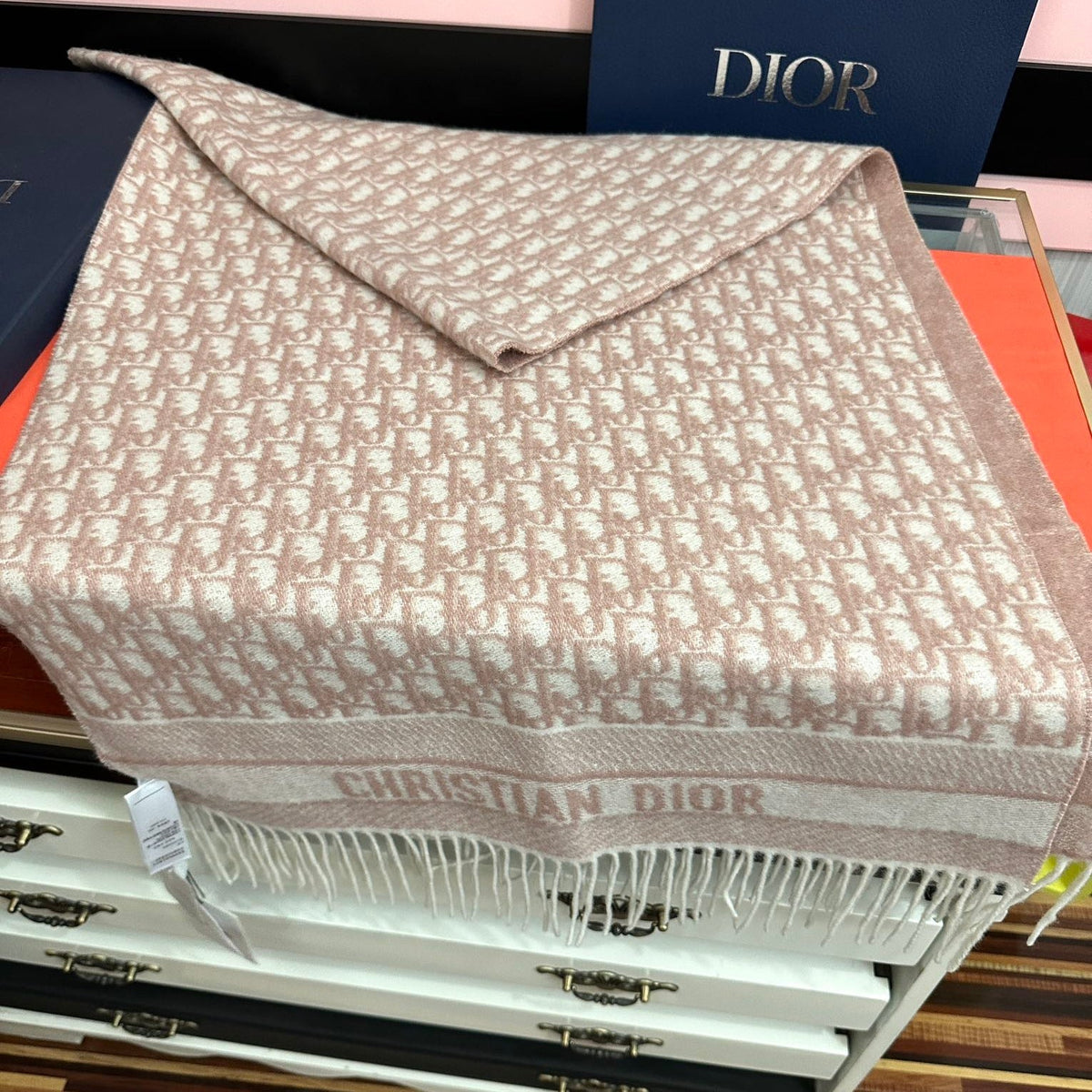 CD Oblique Print Scarf 200CM Light Pink Wool 292982