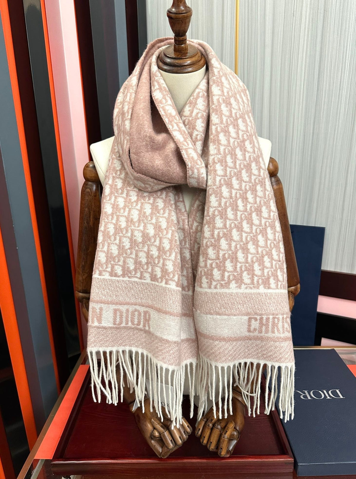 CD Oblique Print Scarf 200CM Light Pink Wool 292982