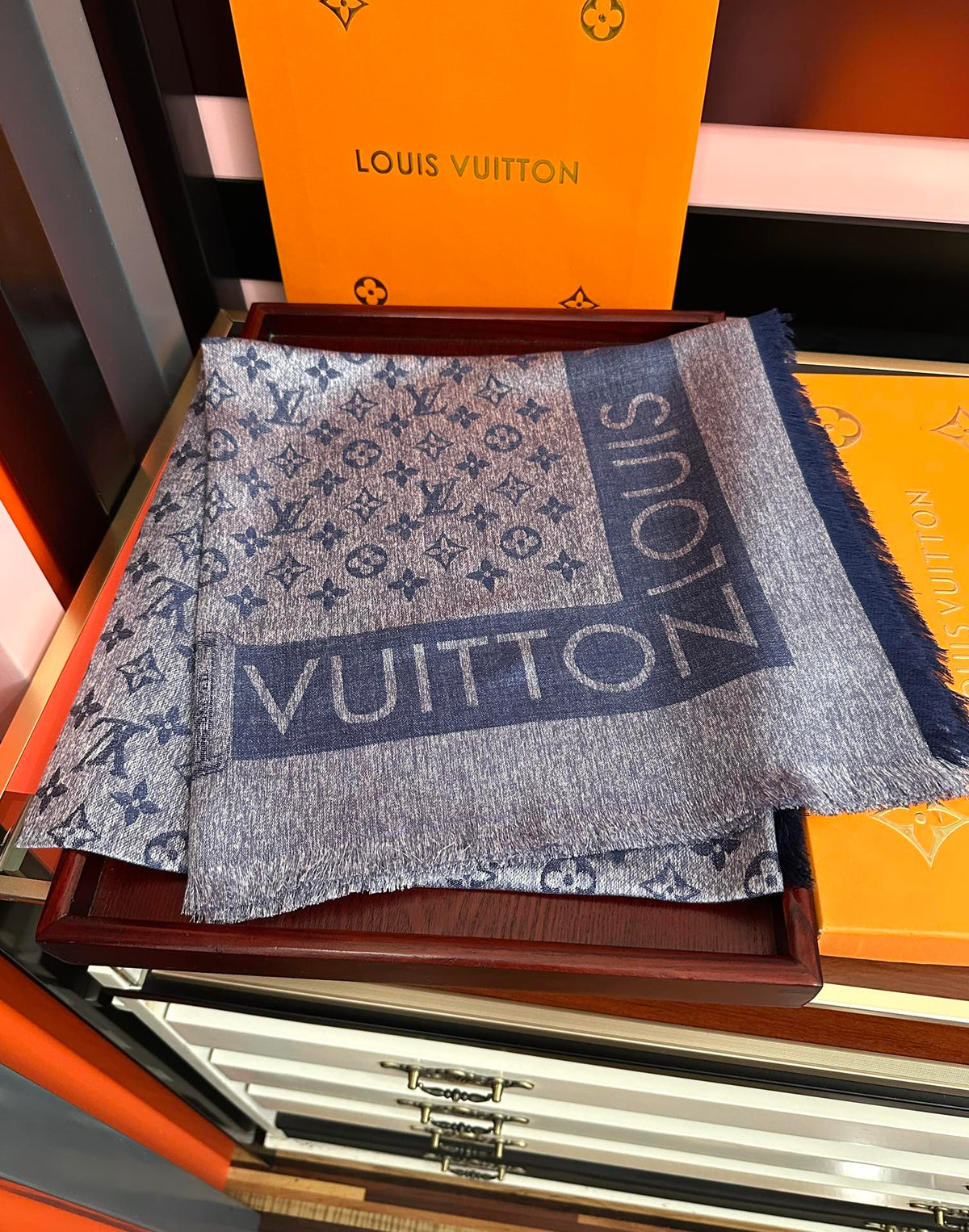 LV  Long Scarf 140cm Navy Blue Cashmere 967311