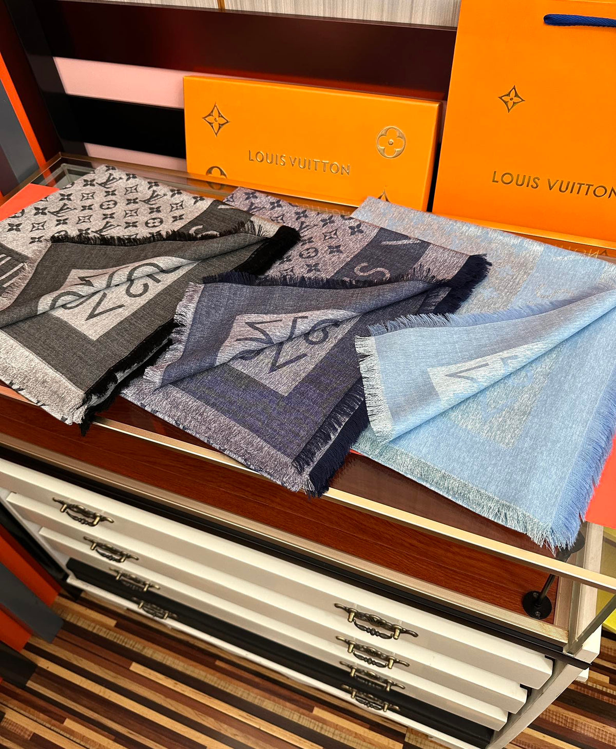 LV  Long Scarf 140cm Navy Blue Cashmere 967311