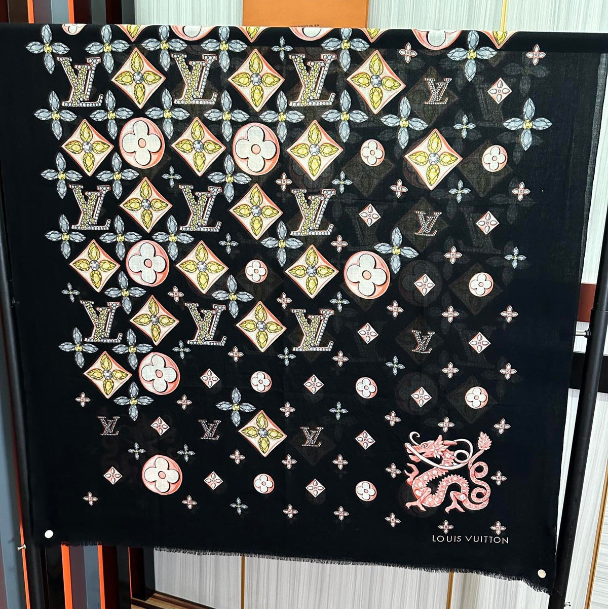 LV  Long Scarf 200cm Black Pink Yellow Cashmere 967316