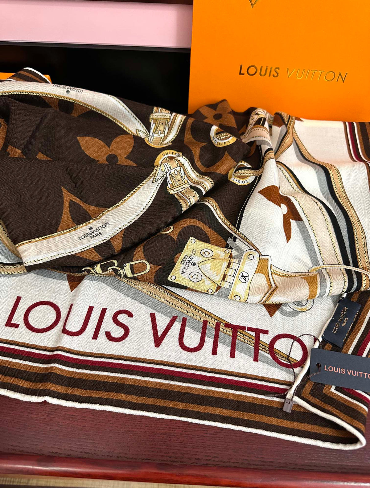 LV Scarf 140cm White Brown Beige Silk Cashmere 968684