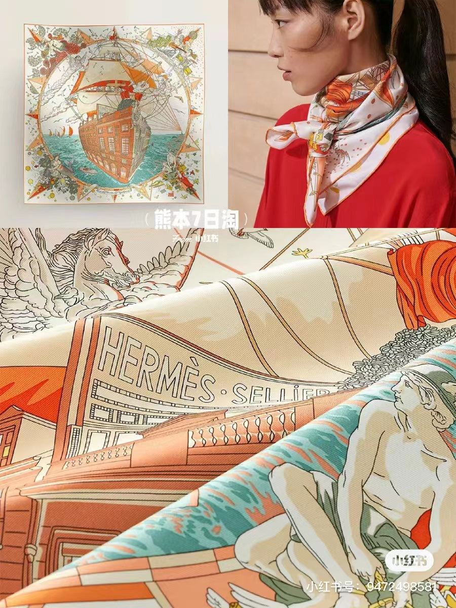 HM 25s Major Scarf 90cm Orange Beige Blue Cashmere 972937