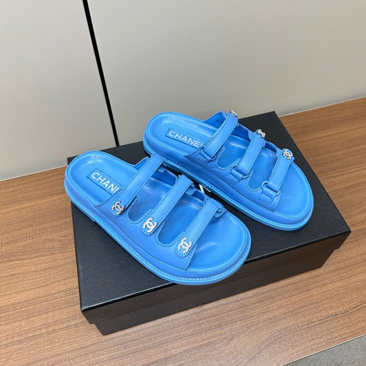 dad sandals dodger blue triple strap lambskin mules