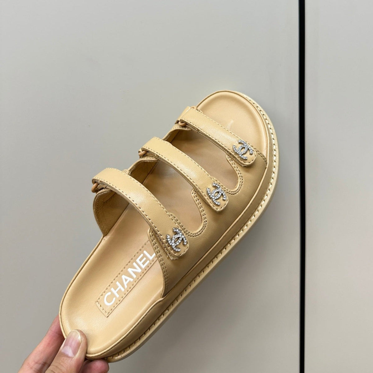 dad sandals beige triple strap lambskin mules