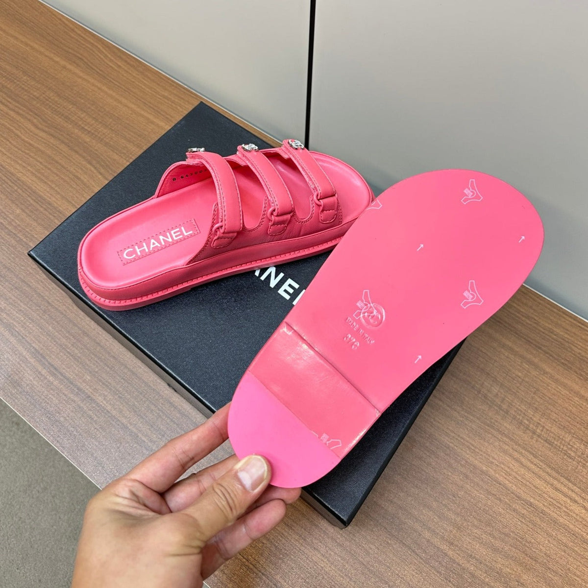 dad sandals dark pink triple strap lambskin mules