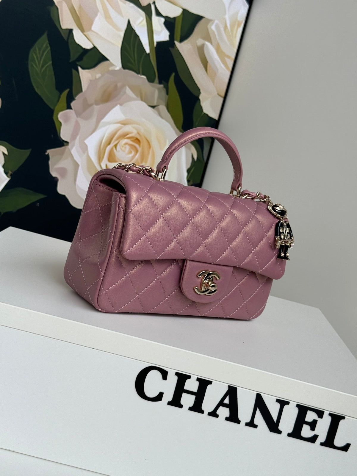 24c mini flap bag 20cm with top handle pink violet calfskin