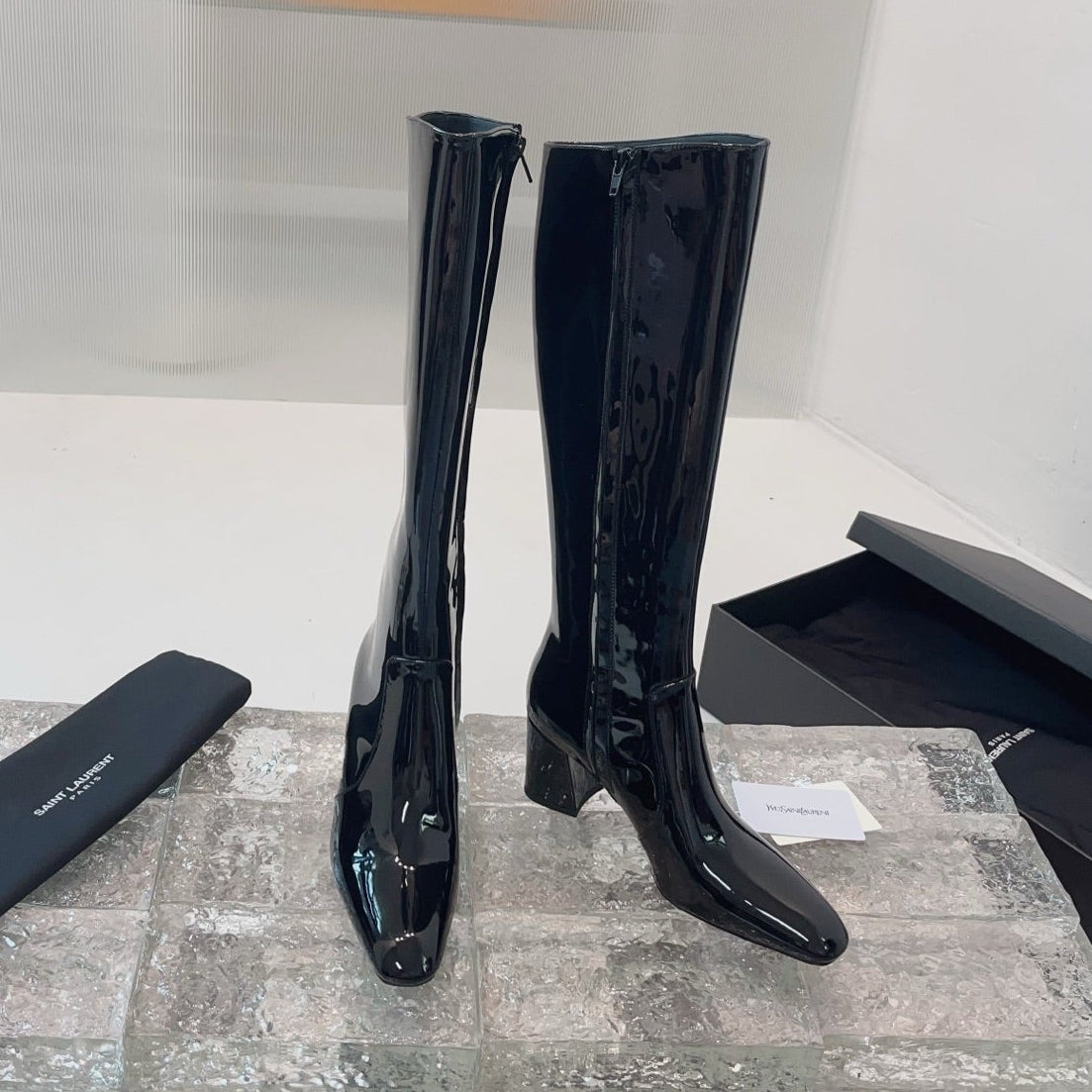 YSL 25 High Heeled Long Boot Black Patent Leather 522261
