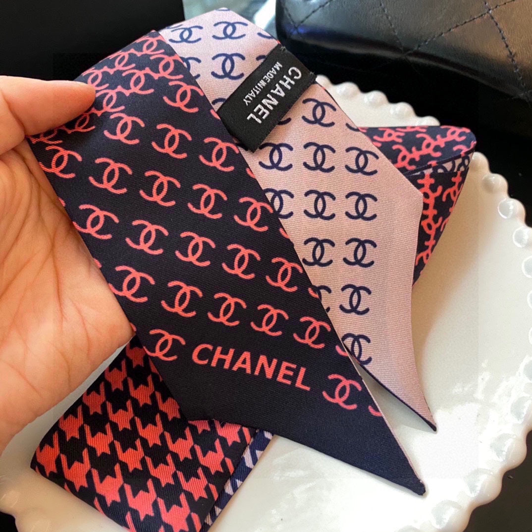 CC  Twilly Mini Scarf 120cm Navy Blue Pink Mulberry Silk 802153