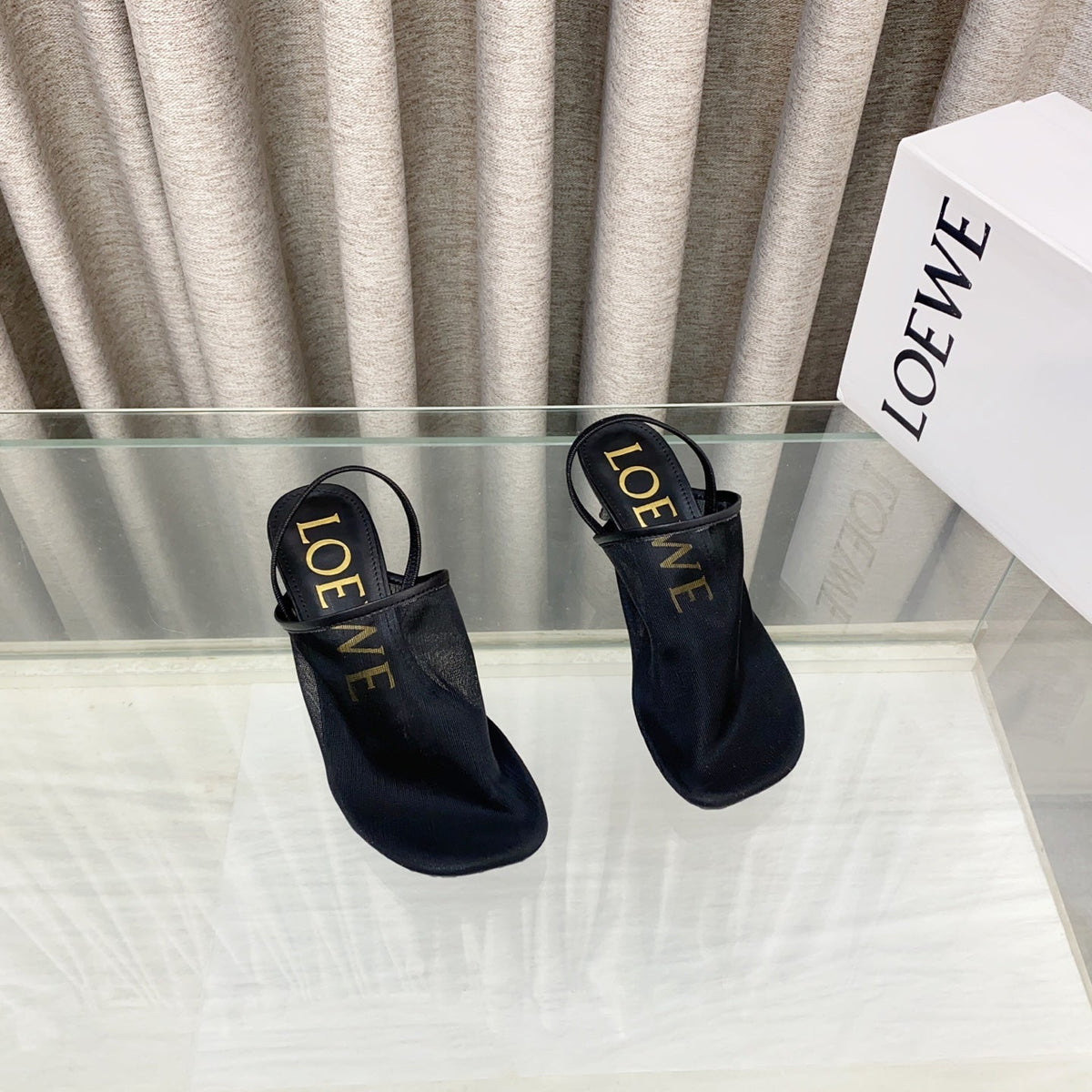 Loewe 25 Petal Slingback Black Mesh Sheepskin
