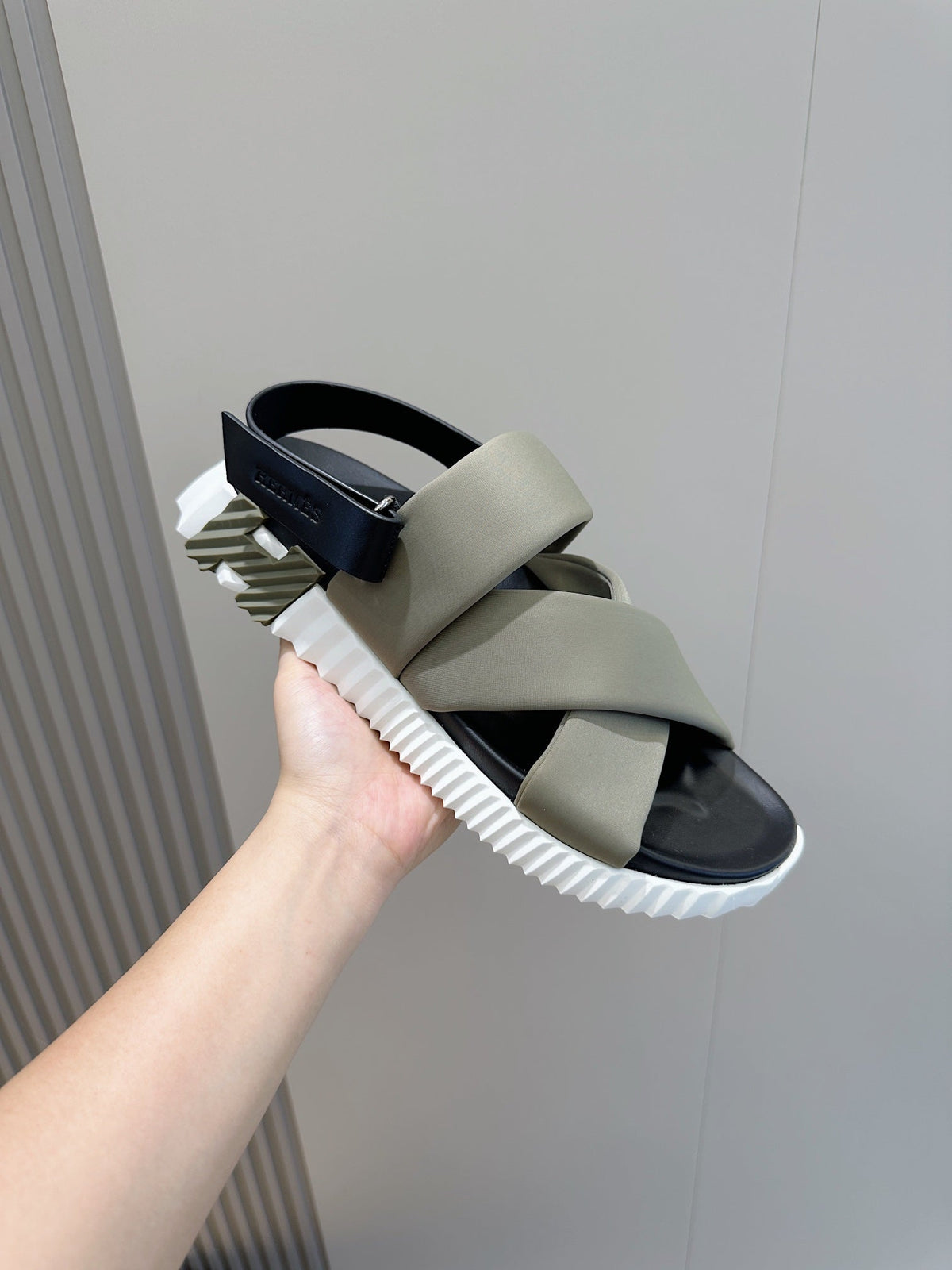 HM ELECTRIC SANDAL MOSS FABRIC AND CALFSKIN