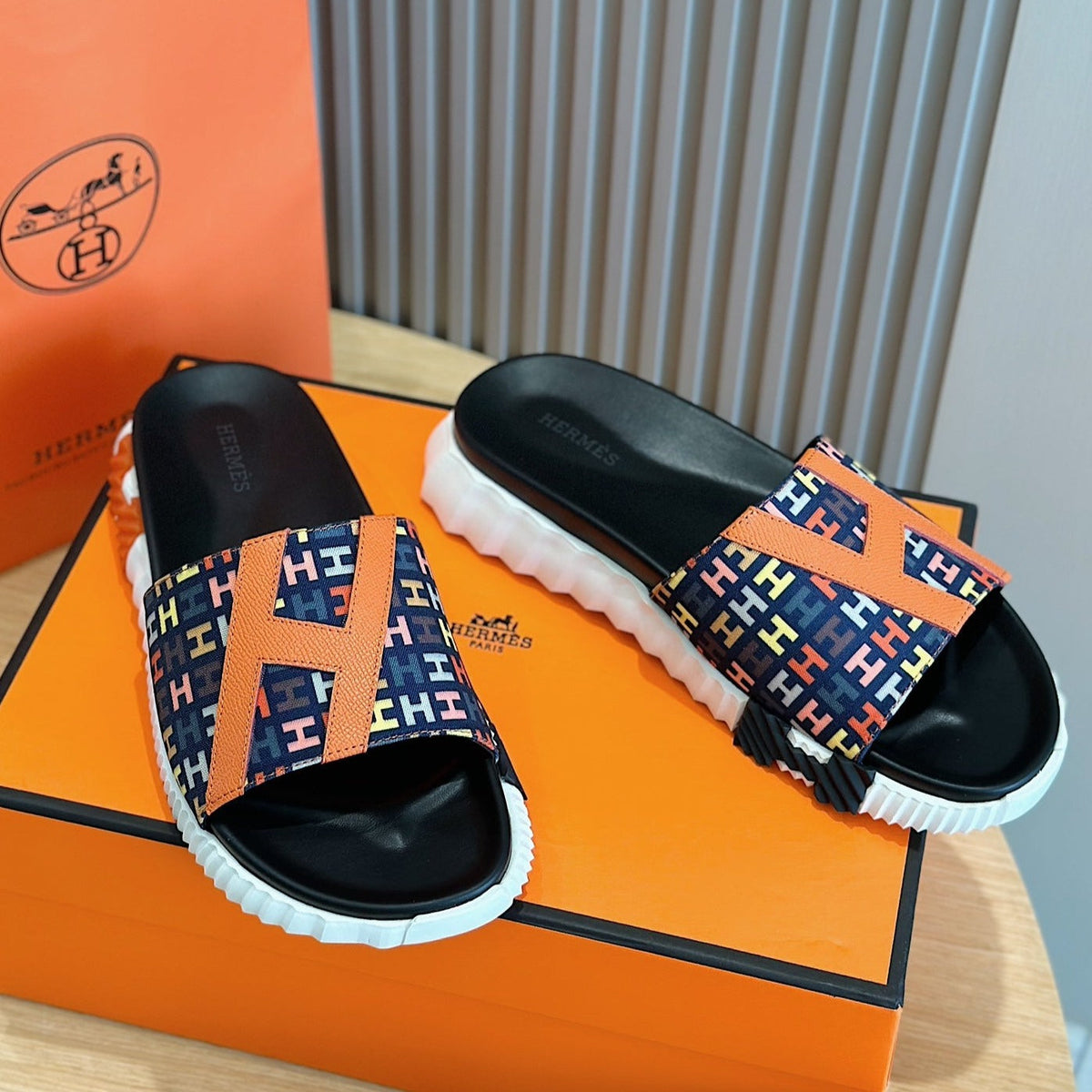 HM SLIPPERS BLACK AND NAVY MONOGRAM CANVAS