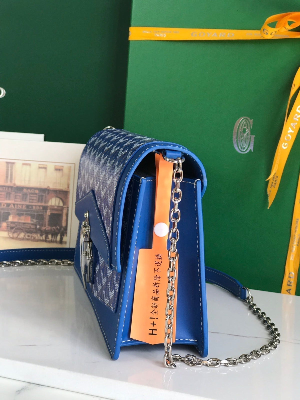DUCHESSE MARIE-CAROLINE BAG 25 IN SAPPHIRE BLUE GOYARDINE CANVAS AND SMOOTH CALFSKIN