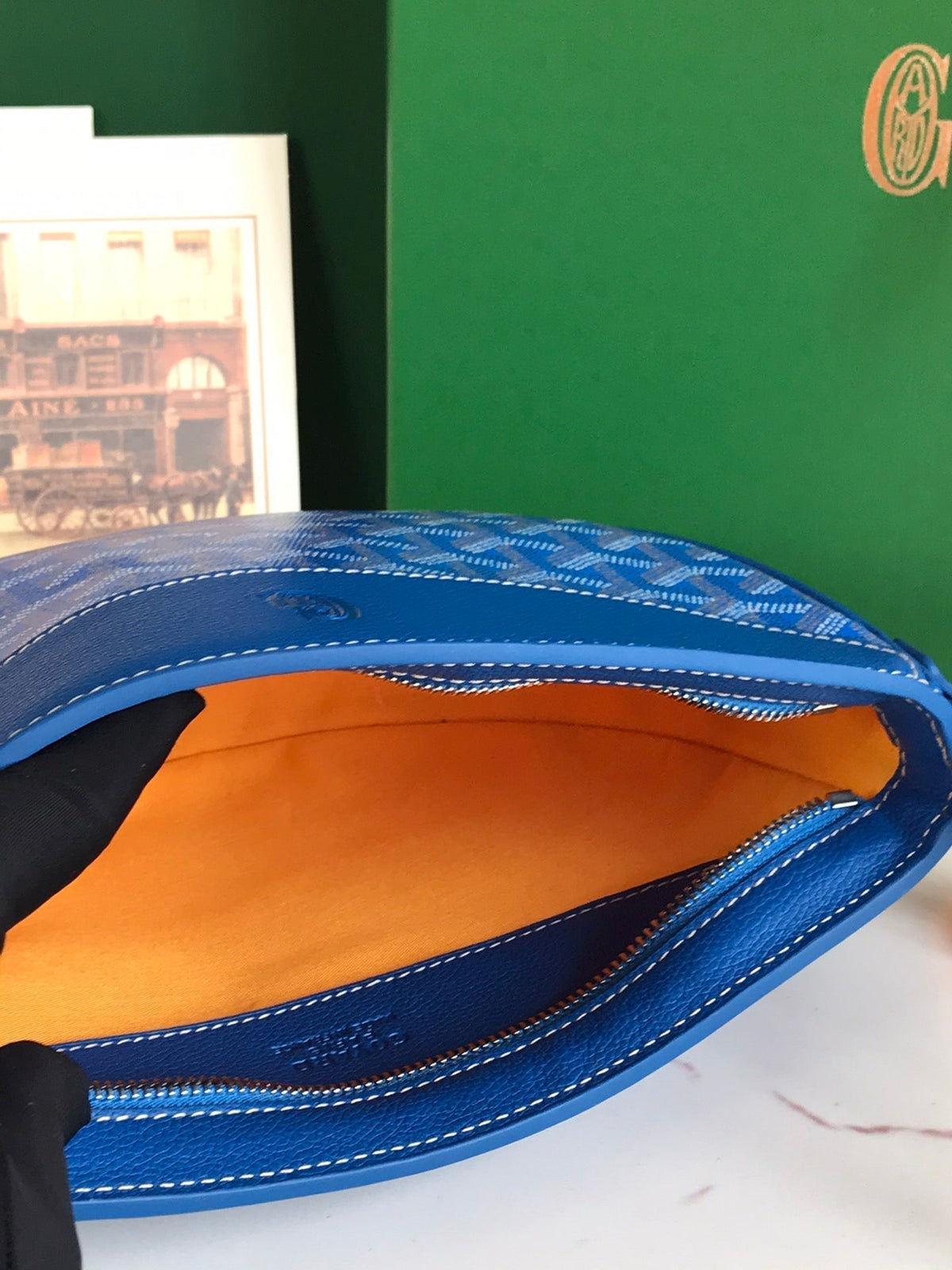 HIRONDELLE BAG 25 IN SAPPHIRE BLUE LAMBSKIN AND GOYARDINE CANVAS